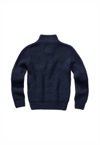 Pull en tricot bleu marine à manches longues et col montant, vu de dos sur fond blanc.