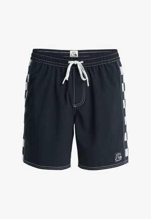 Svarta badshorts med dragsko i midjan, kontrasterande vit sömnad och rutmönstrade detaljer på sidorna. Hållbart material för komfort.