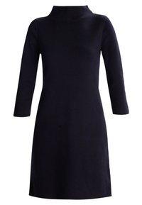 Robe bleu marine avec un col haut, des manches longues et une silhouette droite. Fabriquée en tissu doux avec une texture lisse.