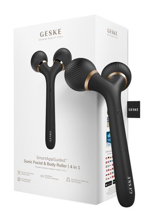 Zwarte dubbele bol sonische gezichts- en lichaamsroller met gestructureerde bolletjes en gouden accenten, getoond met de witte productverpakking.