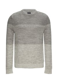 Pull en tricot gris avec un col rond, arborant un motif dégradé allant du gris foncé au gris clair, avec un tissu texturé et des manches longues.