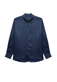 Marineblauwe langemouwen shirt van lichte stof, met een knoopsluiting aan de voorkant, een klassieke kraag en manchetten met knopen. Soepele textuur.