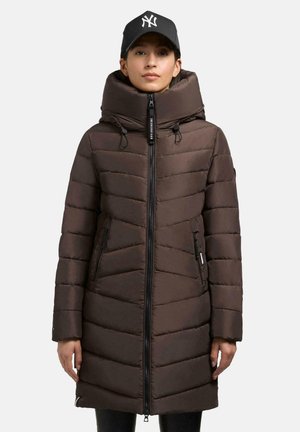 Brown puffer coat with a high collar and drawstring hood. Features vertical chevron stitching, front zipper, and two side pockets.