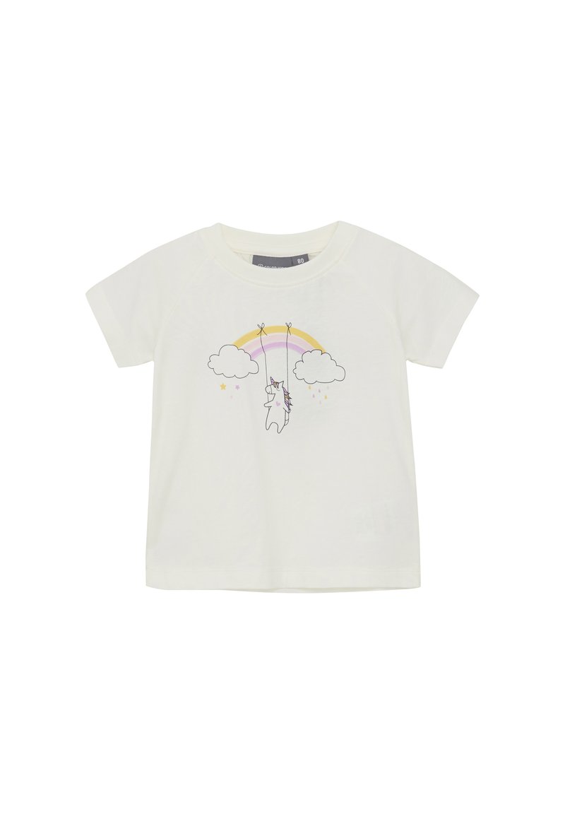 Kortärmad krämfärgad t-shirt i bomull, med en enhörning hängande från en regnbåge, accentuerad med moln och stjärnor i pastellfärger.