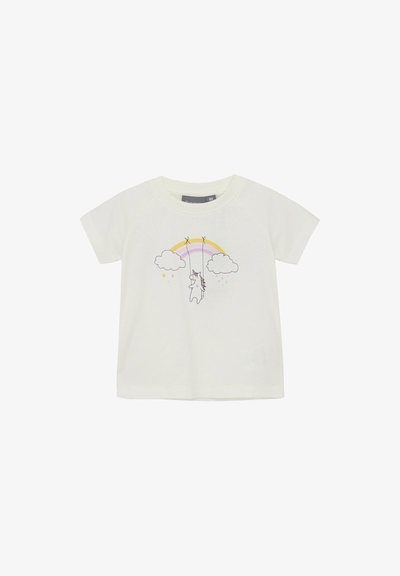 Kortärmad krämfärgad t-shirt i bomull, med en enhörning hängande från en regnbåge, accentuerad med moln och stjärnor i pastellfärger.