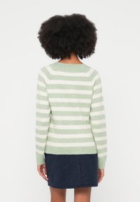 Rohelise ja valge triibuline pikamaa varrukatega ja ümmarguse kaelusega kampsun, valmistatud pehmest tekstuurse materjaliga, sobitatud tumel sinise seelikuga.