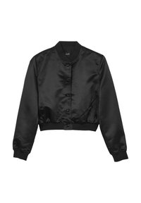Schwarze Satin-Bomberjacke mit rundem Kragen, Druckknöpfen an der Vorderseite, elastischen Bündchen und verkürztem Saum. Glatte Textur ohne sichtbare Muster.