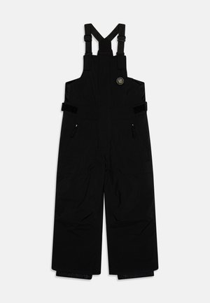 Schwarze isolierte Schneehosen mit verstellbaren Trägern, seitlichen Reißverschlusstaschen und elastischen Bündchen für zusätzlichen Schutz und Komfort.