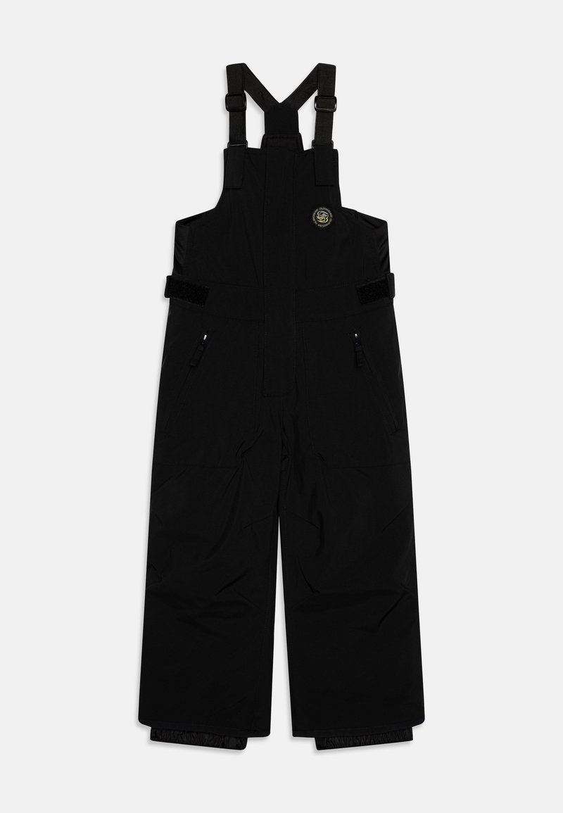 Svarta isolerade snöbyxor med justerbara remmar, blixtlåsfickor på sidan och elastiska cuffar för ökad skydd och komfort.