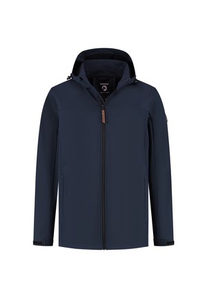 Veste imperméable à capuche bleu marine avec fermeture éclair frontale, poignets ajustables et poches latérales, conçue pour une utilisation en extérieur.