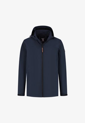 Veste imperméable à capuche bleu marine avec fermeture éclair frontale, poignets ajustables et poches latérales, conçue pour une utilisation en extérieur.