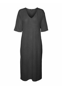 Abito nero lavorato a maglia con maniche corte, scollatura a V e vestibilità ampia. Di lunghezza media, con una texture liscia e senza chiusure o motivi visibili.