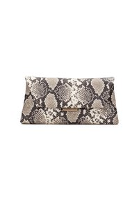 Clutch bag in tessuto con motivo python in beige e nero, caratterizzata da una superficie liscia, chiusura a patta e dettagli metallici.