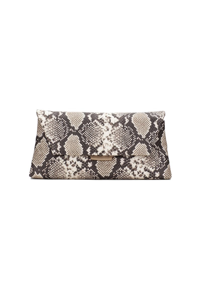 Clutch bag in tessuto con motivo python in beige e nero, caratterizzata da una superficie liscia, chiusura a patta e dettagli metallici.