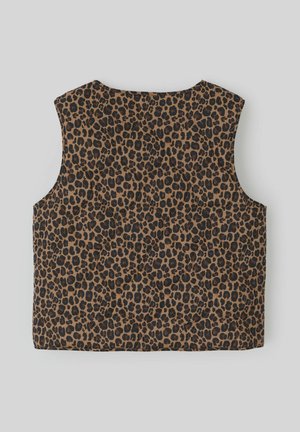 Gilet sans manches marron avec un motif léopard noir, présentant un tissu texturé et un col rond. Sans fermetures ni embellissements.