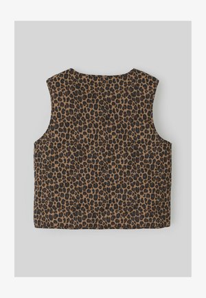 Gilet sans manches marron avec un motif léopard noir, présentant un tissu texturé et un col rond. Sans fermetures ni embellissements.