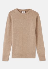 Šviesiai rudos spalvos megztinis su apvalia kaklo iškirpte, pagamintas iš minkšto trikotažo, su raštuotais rankogaliais ir apačia, turintis klasikinę, laisvą siluetą.