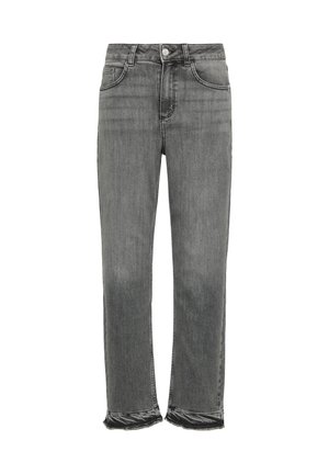 Gray denim jeans with a straight fit, raw hem at the ankles, and contrasting stitching. Features pockets and a metal button closure.