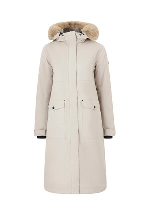 Parka impermeable beige con capucha de pelo sintético. Presenta cierre frontal con cremallera y botones, dos bolsillos delanteros y detalles en negro en los puños.