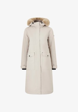 Beige vandtæt parka med en hætte foret med kunstpels. Har frontlås med lynlås og knapper, to forlommer og sorte accenter på manchetterne.
