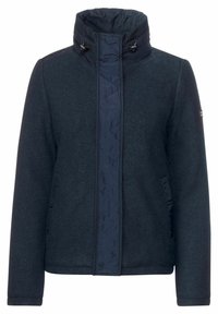 Dark blue jacket with a high collar, featuring a quilted front panel and smooth texture. Includes hardware accents at the collar.