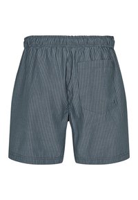 Moške kopalne hlače z mišičastimi črtami v temno modri in sivi barvi, elastični pas, en zadnji žep, lahka tkanina, sproščen kroj.