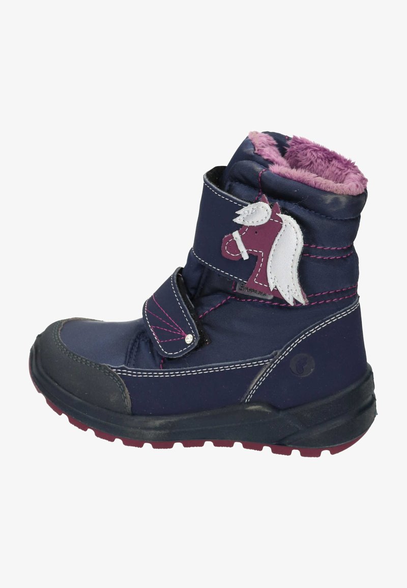 Botte d'hiver bleu marine avec un col en fourrure violette, sangle en velcro réglable et un motif de licorne sur le côté. Semelle en caoutchouc pour une meilleure adhérence.