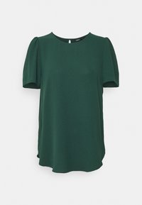 Haut vert foncé à manches courtes avec encolure ronde, épaules légèrement bouffantes, tissu doux et coupe décontractée. Sans fermetures visibles.