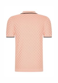 Paita polo värviga helesärmi tooni, millel on ruuduline tekstuur. Musta äärega krae ja lühikesed varrukad. Kudumiseks mõeldud kangas.