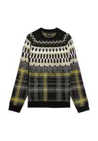 Πλεκτό πουλόβερ με γεωμετρικό σχέδιο σε μαύρο, γκρι και κίτρινο, με στρογγυλή λαιμόκοψη και υφασμάτινη υφή. Διακριτικά σχέδια με καρό και ζιγκ-ζαγκ.