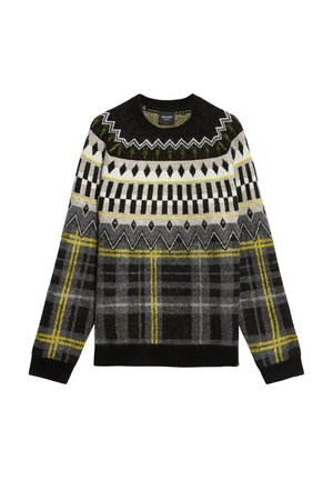Kötött pulóver geometriai mintával fekete, szürke és sárga színekben, környakú és texturált anyagból. Jellemző kockás és cikk-cakk minták.