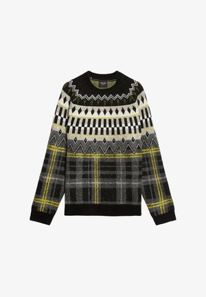 Strickpullover mit einem geometrischen Muster in Schwarz, Grau und Gelb, mit Rundhalsausschnitt und strukturierter Stoffoberfläche. Auffällige Schachbrett- und Zickzack-Designs.