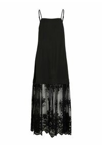 Robe noire sans manches avec fines bretelles et un panneau inférieur en dentelle transparente ornée de motifs floraux.