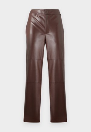 Brown faux leather pants with a straight cut and sleek texture. Features a front zipper and button closure, complemented by tonal stitching.