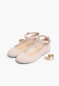 Blush pink ballet flats made from soft suede with rounded toe, ankle strap, and a flat sole; includes a matching gold ribbon.