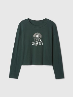 Ciemnozielony, długi rękaw crop top z okrągłym dekoltem. Ma biały nadruk z napisem „ZDEFINIUJ GRAWITACJĘ” oraz grafikę zamku. Miękka tekstura.