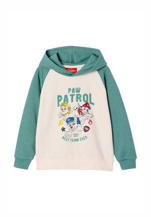 Children's hoodie with teal sleeves and hood, featuring Paw Patrol characters and text "PAW PATROL BEST TEAM EVER" on cream front.