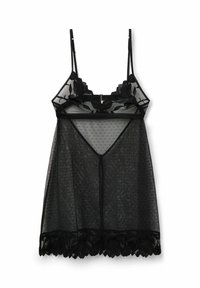 Svart lingerie med genomskinlig mesh tyg med prickig textur, blommönstrad spetskant nertill, justerbara axelremmar och en V-ringning.