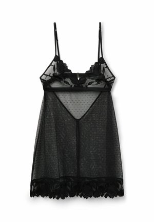 Zwarte lingerie met doorzichtige mesh stof met een stippenstructuur, bloemenkant aan de zoom, verstelbare bandjes en een v-halsontwerp.