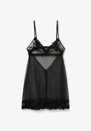 Zwarte lingerie met doorzichtige mesh stof met een stippenstructuur, bloemenkant aan de zoom, verstelbare bandjes en een v-halsontwerp.