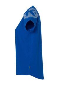 Blauwe kortekwijs t-shirt van katoen. Heeft een gestructureerd ontwerp op de schouders en een groene label aan de zoom. Eenvoudige rechte snit.