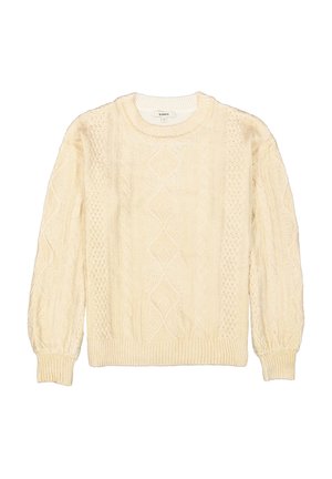 Kremfarbener Zopfmuster-Pullover mit langen Ärmeln, gerippten Bündchen und Saum. Mit aufwendigen Rauten- und Zopfmustern, die sich über den gesamten Stoff ziehen.