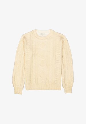 Kremfarbener Zopfmuster-Pullover mit langen Ärmeln, gerippten Bündchen und Saum. Mit aufwendigen Rauten- und Zopfmustern, die sich über den gesamten Stoff ziehen.