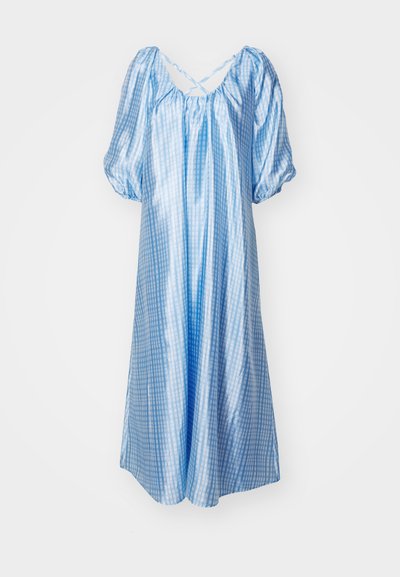 Blaues Gingham-Kleid mit Puffärmeln, V-Ausschnitt und gekreuztem Rücken. Hergestellt aus einem glänzenden Stoff, mit einem fließenden A-linienförmigen Schnitt.