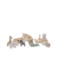 Jouets en bois représentant des animaux, incluant une girafe, un éléphant, un zèbre, un crocodile et un ours. Présente des couleurs naturelles et des designs simples et fantaisistes.