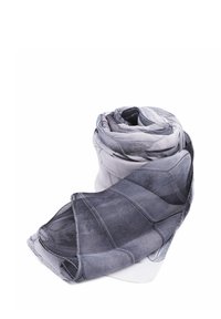Scarf grigia leggera con una texture morbida e trasparente. Presenta un motivo geometrico con diverse tonalità di grigio, arrotolato in una spirale morbida.