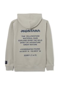 Hoodie van lichtgrijs katoen met marineblauwe tekst. Heeft graphics op de achterkant: "Montana," "Yellowstone National Park," en coördinaten.