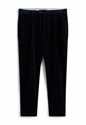Pantalon en velours côtelé bleu foncé avec fermeture à bouton, deux poches latérales et une coupe droite avec des détails texturés subtils.