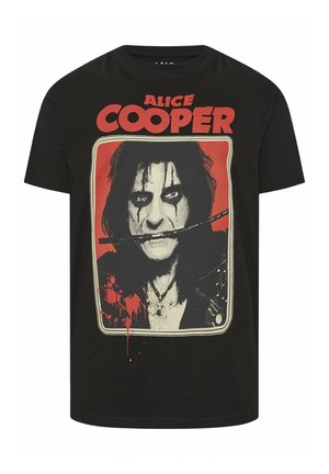 Zwart t-shirt met rode "Alice Cooper" tekst en een gestileerd portret van Alice Cooper met make-up en een stok in zijn mond.
