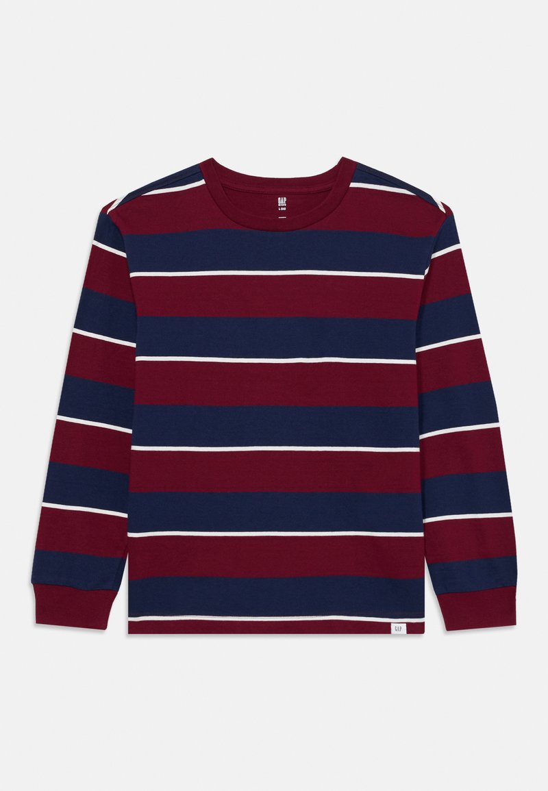 Chemise à manches longues avec des rayures horizontales bordeaux, bleu marine et blanches. Encolure ras du cou et texture douce, avec une étiquette en bas.